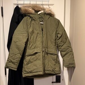 adidas Olive Puffer Jacket with Faux Fur Hood